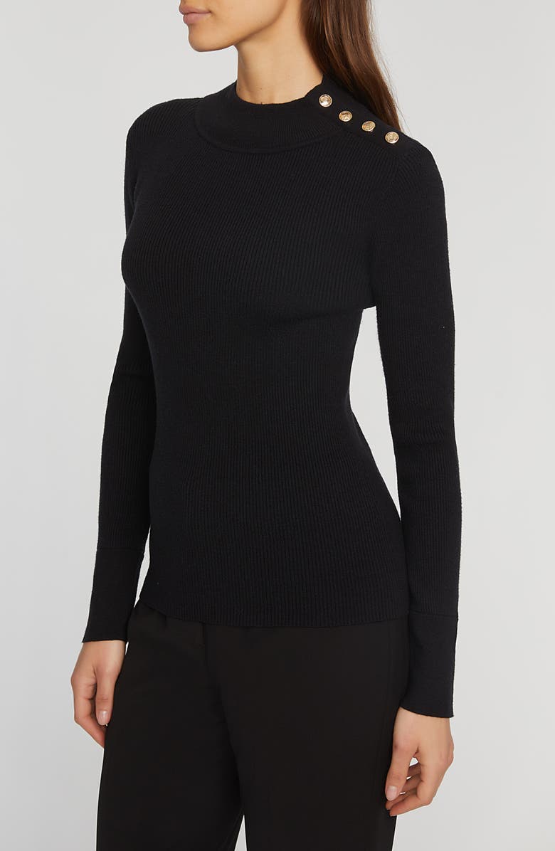 Elie Tahari The Naya Button Shoulder Rib Sweater, Alternate, color, Noir