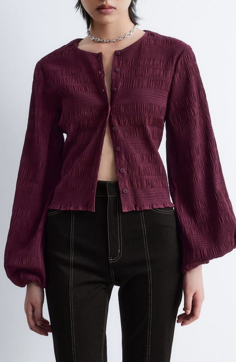 Smocked Balloon Sleeve Button-Up Top