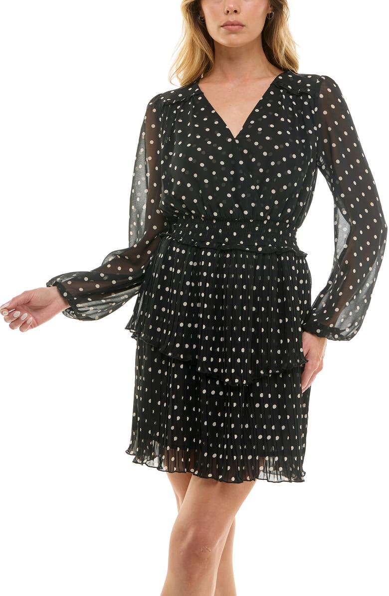 Socialite Long Sleeve Tiered Chiffon Minidress, Alternate, color, Black/ Ivory Micro Dot