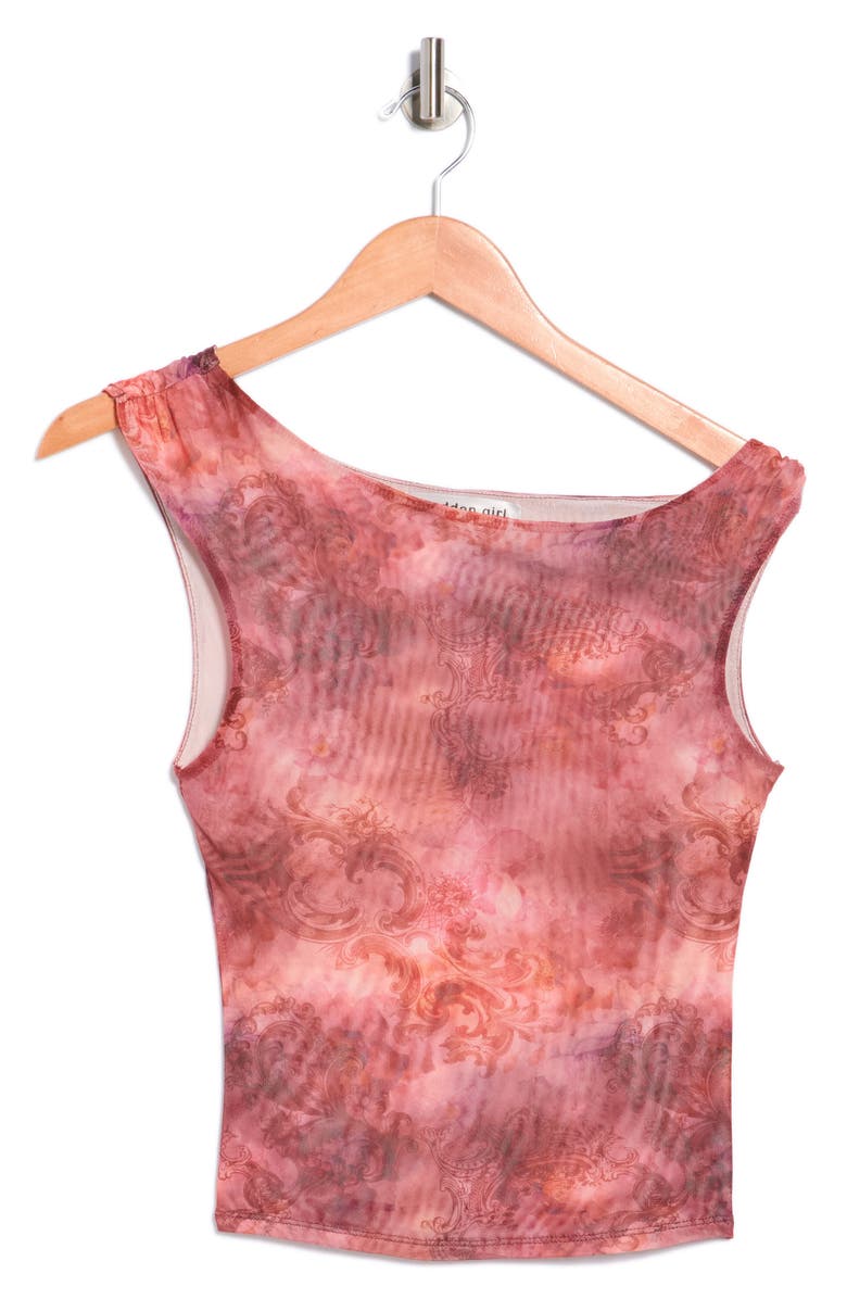 Madden Girl Printed One-Shoulder Mesh Top, Alternate, color, Rust Combo