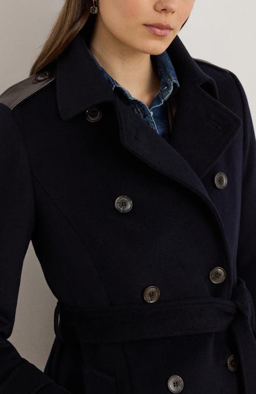 Ralph Lauren Lauren  Faux Leather Detail Wool Blend Coat In Black