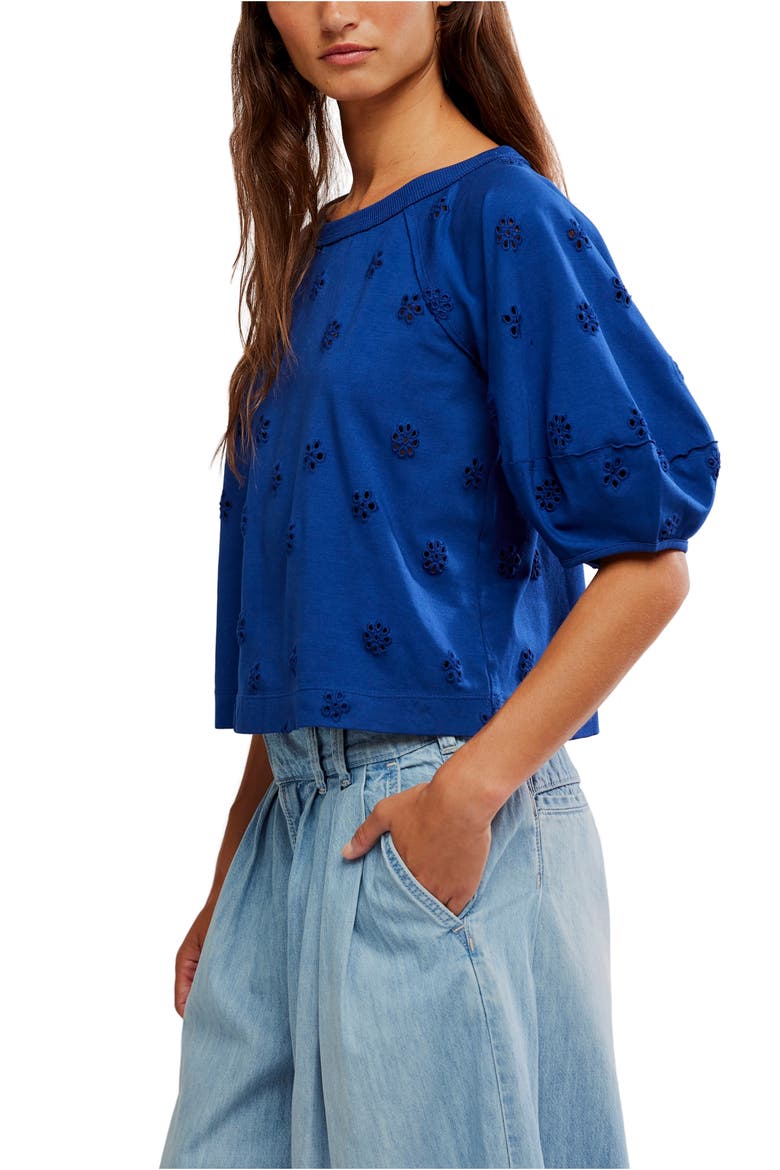 Jessie Eyelet Puff Sleeve Top, Alternate, color, NAVY COMBO