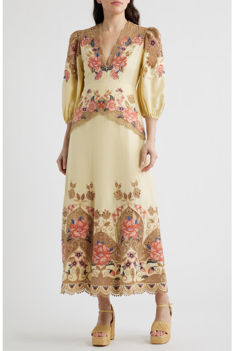 Embroidered Lace Linen Blend Midi Dress, Main, color, SAND