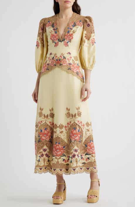 Embroidered Lace Linen Blend Midi Dress