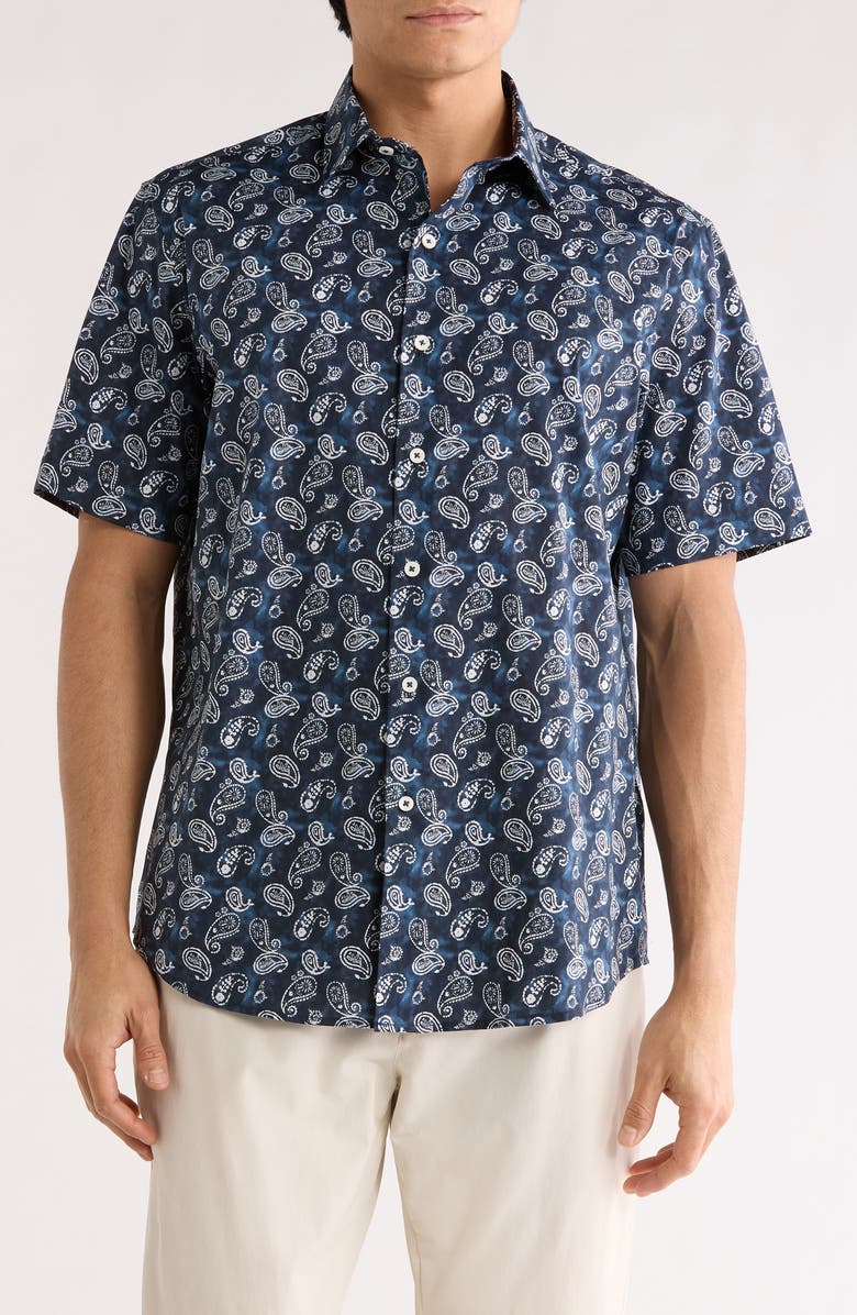 Bugatchi Orson Paisley Pattern Short Sleeve Button-Up Shirt, Main, color, Navy