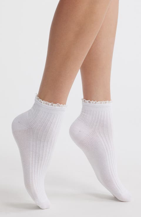 Lace Trim Cotton Blend Rib Quarter Socks