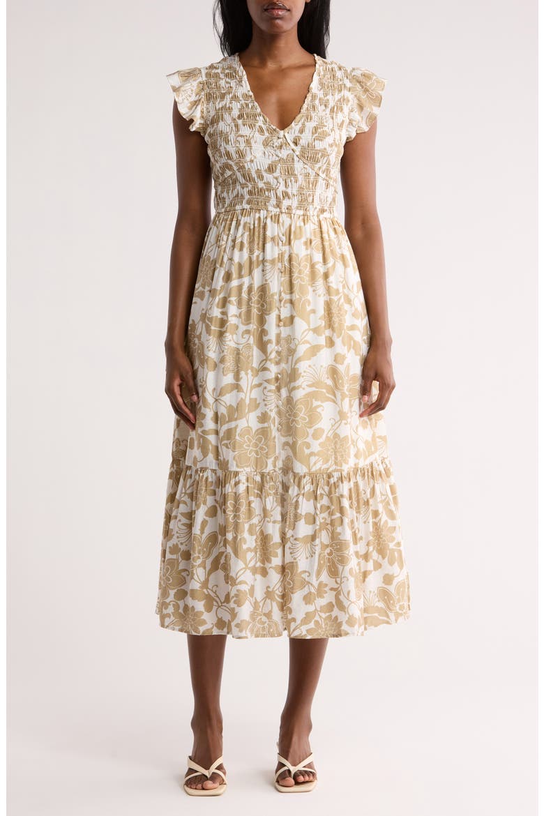Floral Cap Sleeve Dress, Main, color, LIGHT KHAKI MULTI