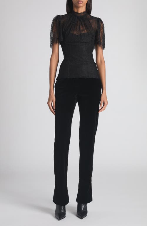 Alexander Mcqueen High Neck Sheer Lace Short Sleeve Top In Black