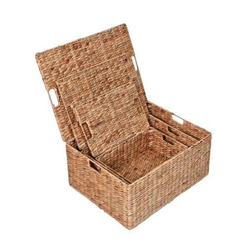 Happimess Brooks Classic Farmhouse Woven Hyacinth Rectangular Storage Baskets With Lids And Handles, In Natural