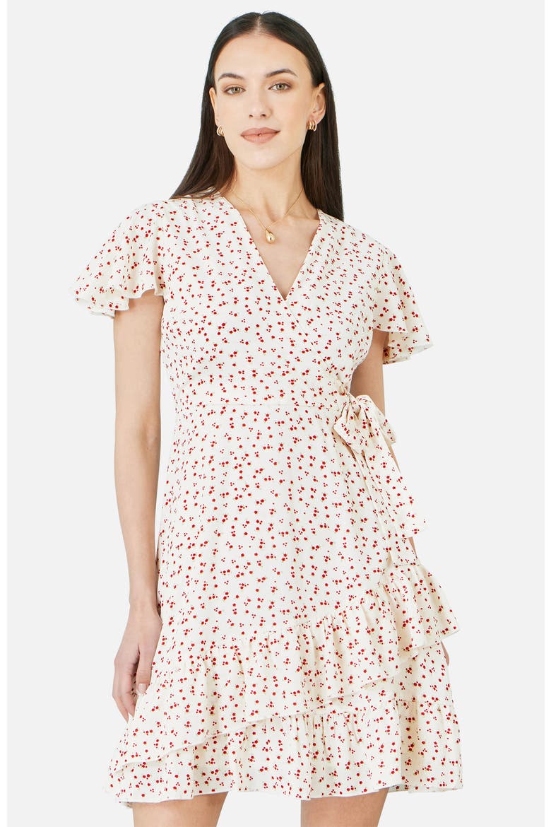 Ditsy Print Frill Wrap Dress, Alternate, color, White
