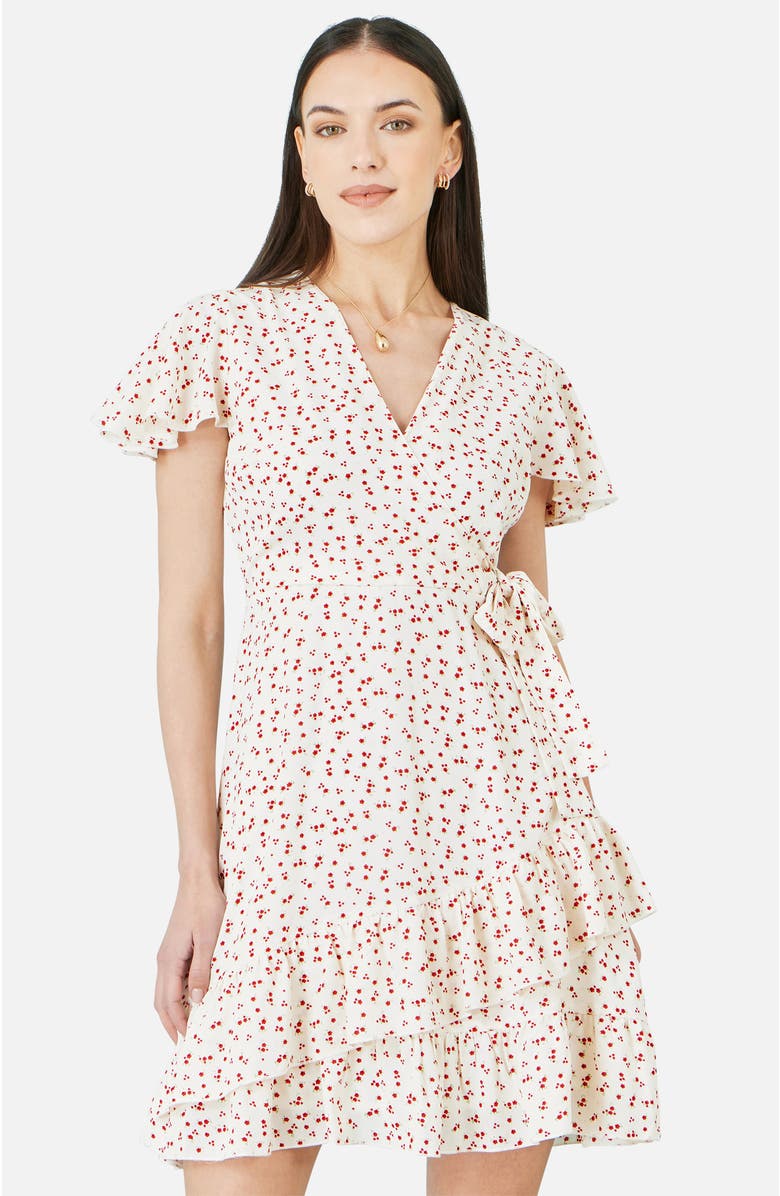 Yumi Ditsy Print Frill Wrap Dress, Alternate, color, White
