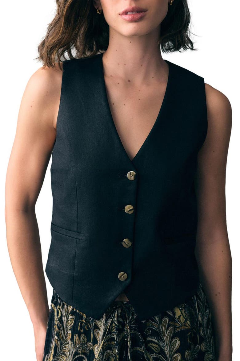Button Through Linen Vest, Main, color, BLACK