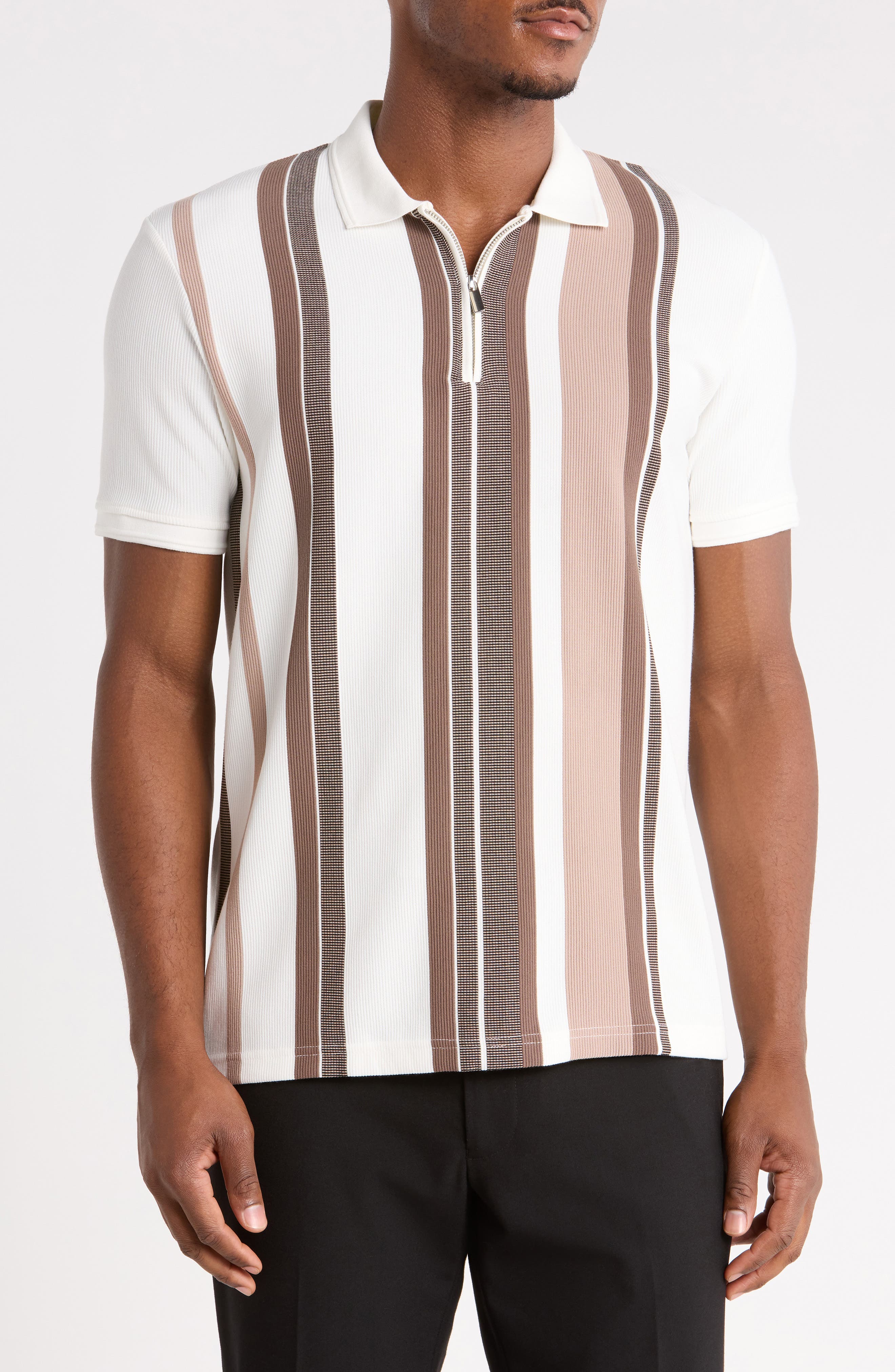 Textured Vertical Stripe Zip Polo