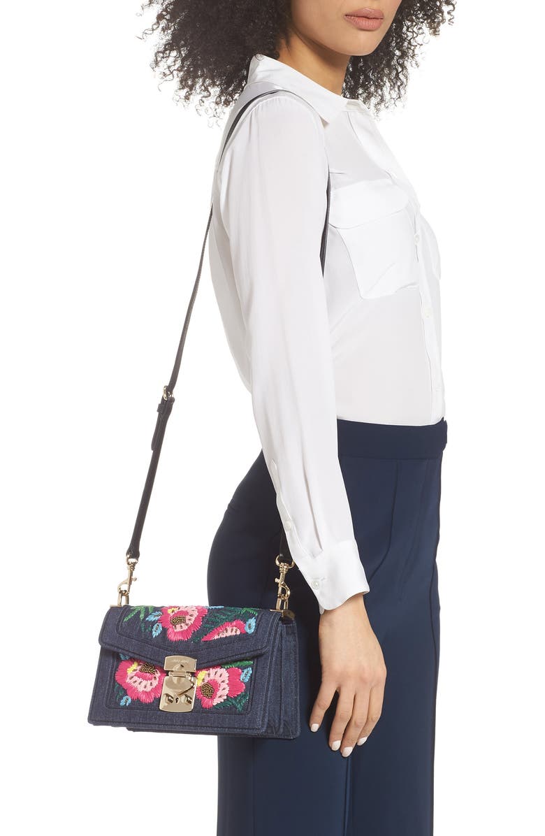 Miu Miu Denim Confidential Embroidered Top Handle Bag, Alternate, color,