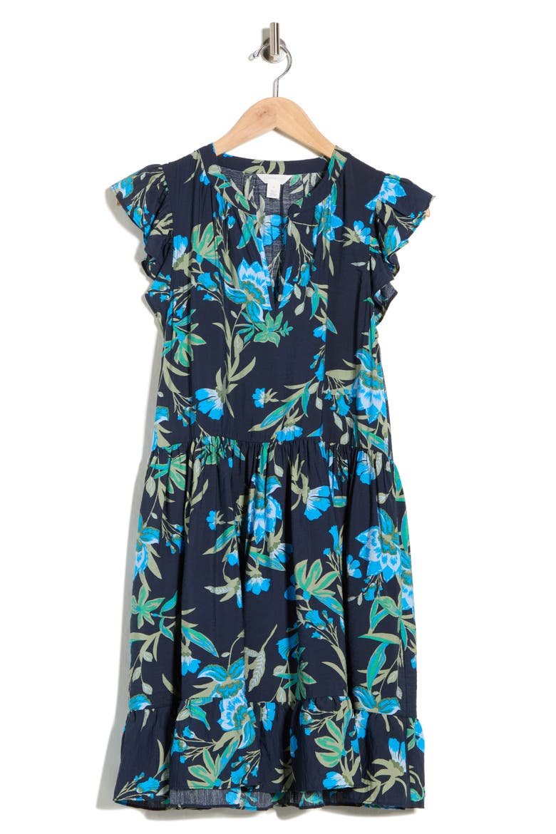 Print Ruffle Shoulder Minidress, Alternate, color, NAVY BLUE WILLOUGHBY FLORAL