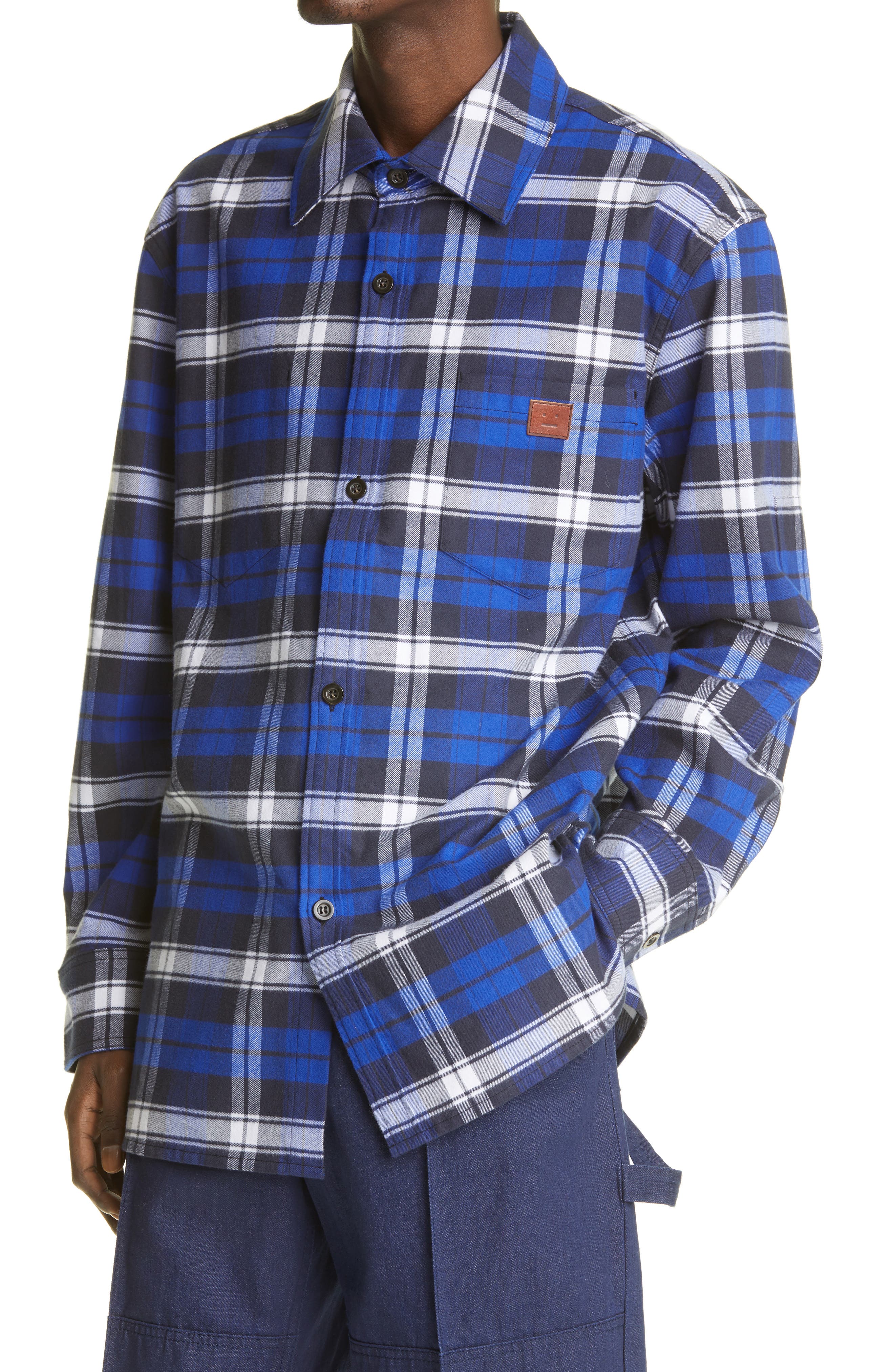 Acne Studios Studios Face Patch Plaid Flannel Button-Up Shirt (Men ...