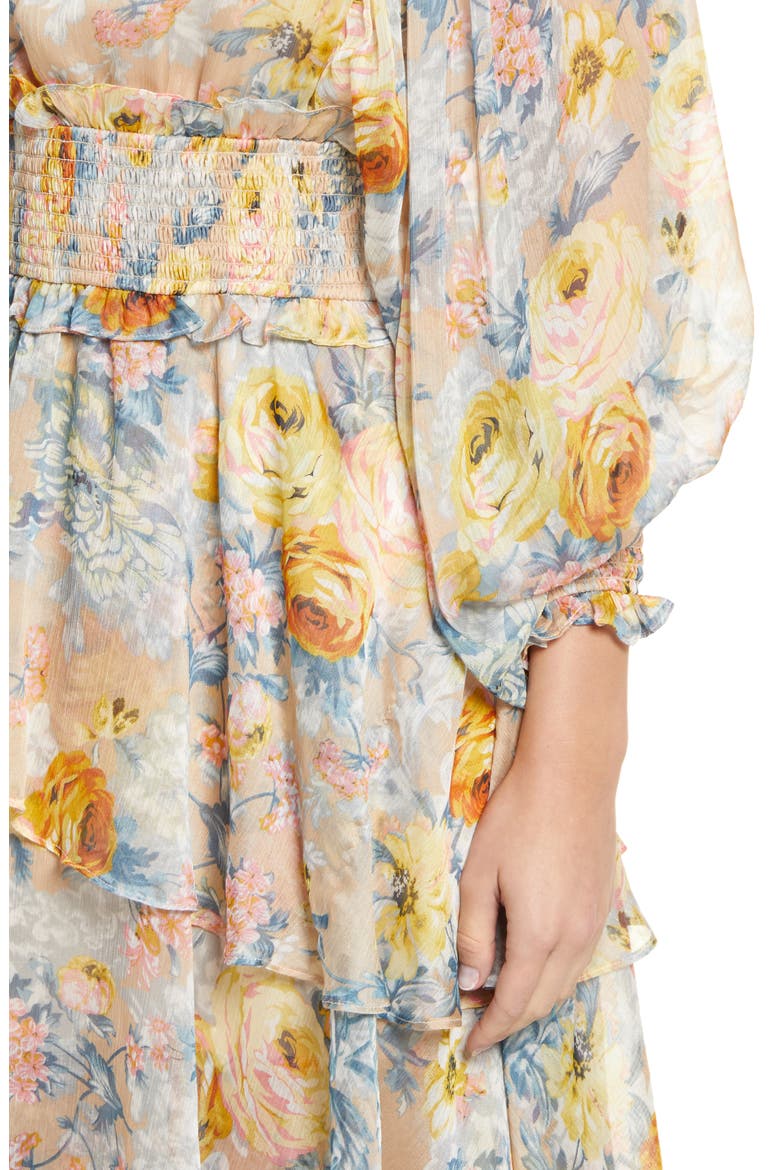 Astrid Floral Print Long Sleeve Asymmetric Chiffon Dress, Alternate, color, BEIGE MULTI