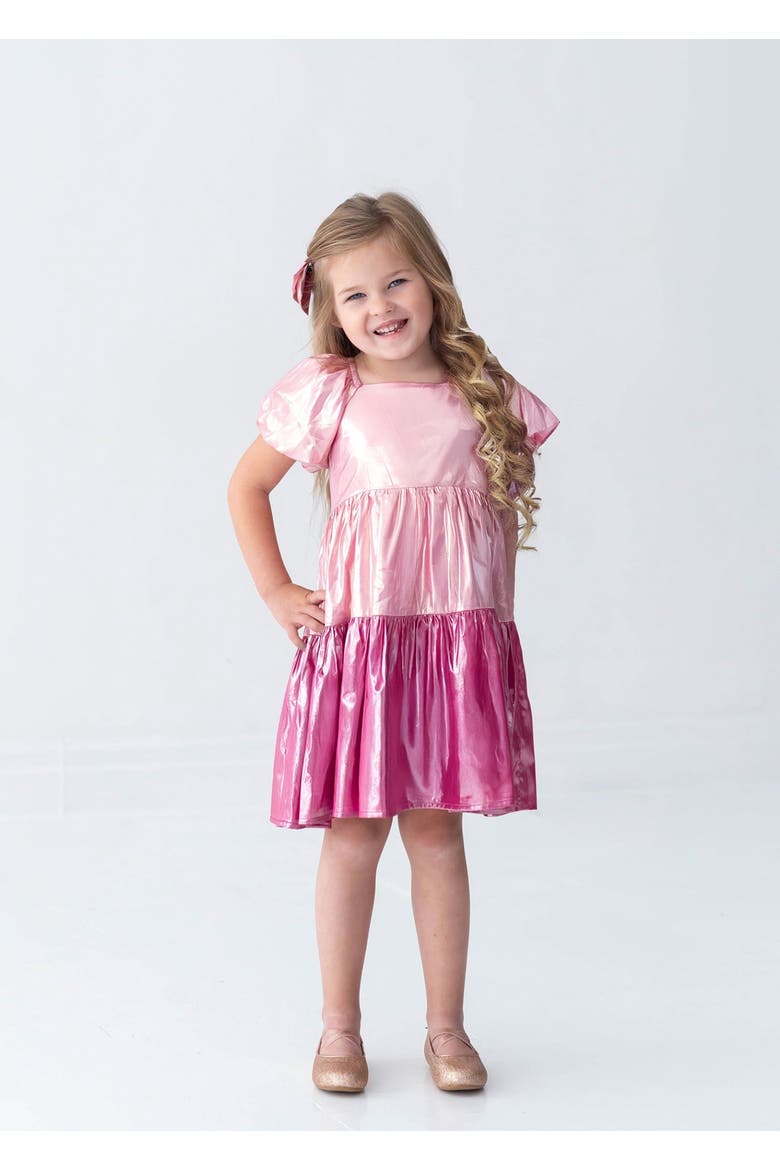 Berry Blush Short Sleeve Color Block Tiered Puff Sleeve Dress, Main, color, Pink