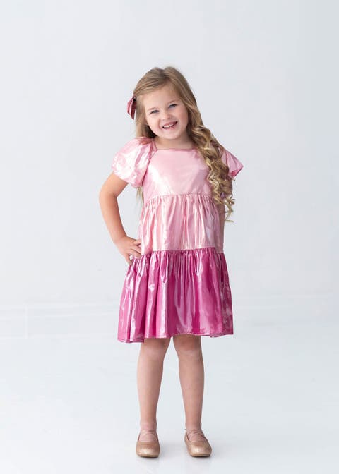 Berry Blush Short Sleeve Color Block Tiered Puff Sleeve Dress