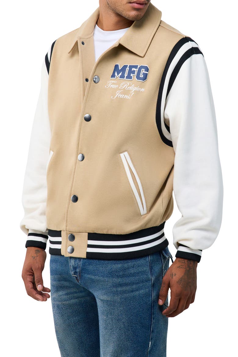 MFG Fleece Varsity Jacket, Alternate, color, TRAVERTINE/ WINTER WHITE