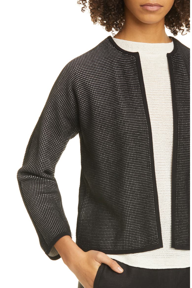 Textured Silk & Organic Cotton Cardigan, Alternate, color, BLACK/ IVORY