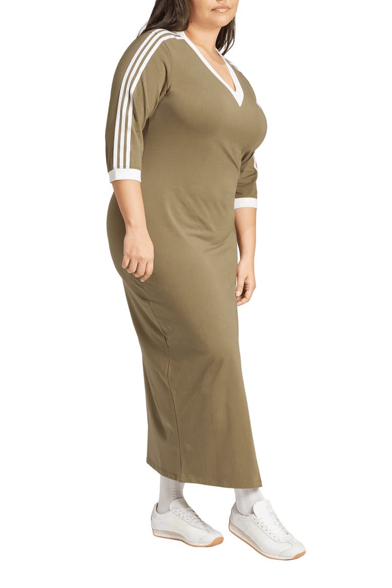 Adicolor 3-Stripes V-Neck Maxi Dress, Alternate, color, OLIVE STRATA/ WHITE