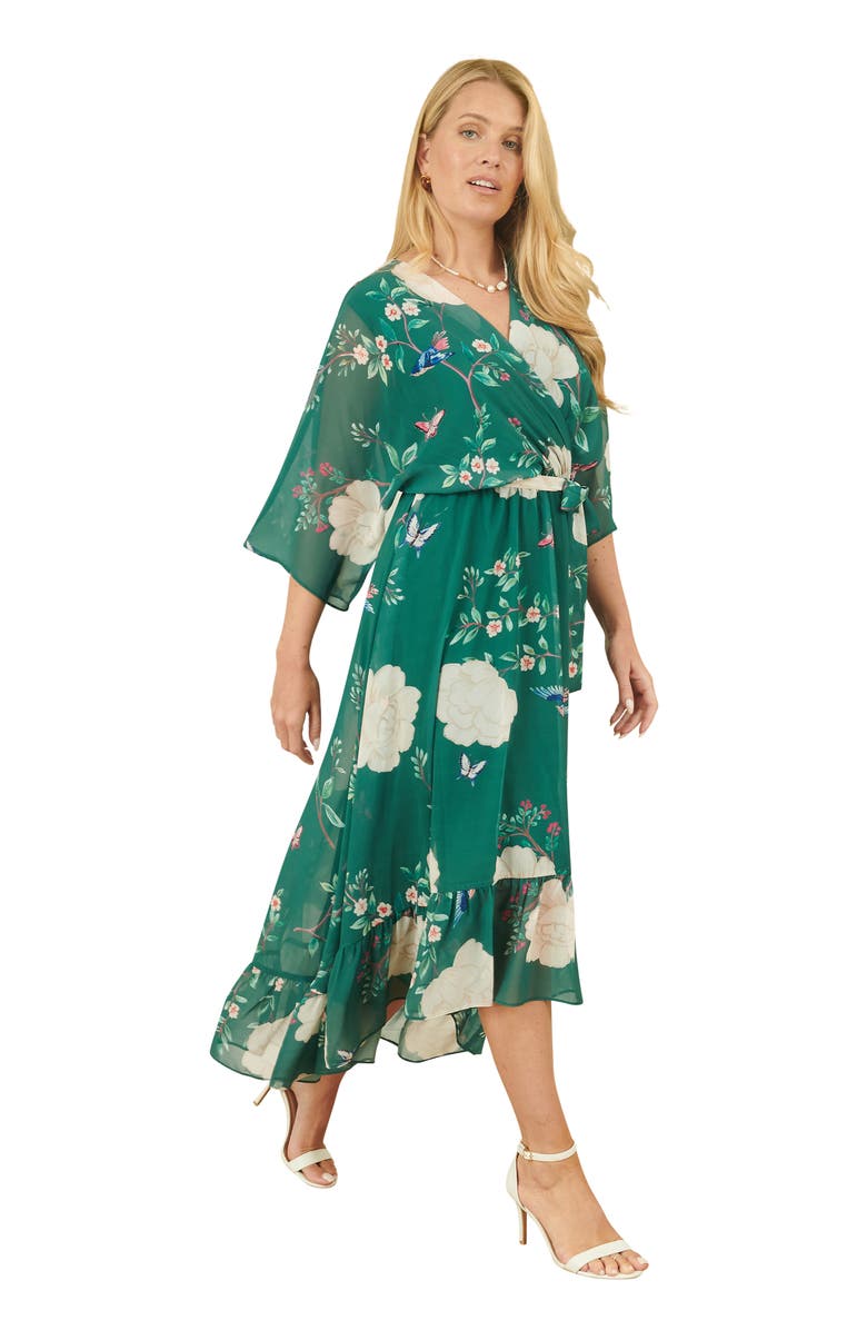 Yumi Bird And Floral Print Midi Wrap Dress, Alternate, color, Green