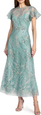 Mac Duggal Floral Embroidered Mesh Flutter Sleeve Ankle Dress