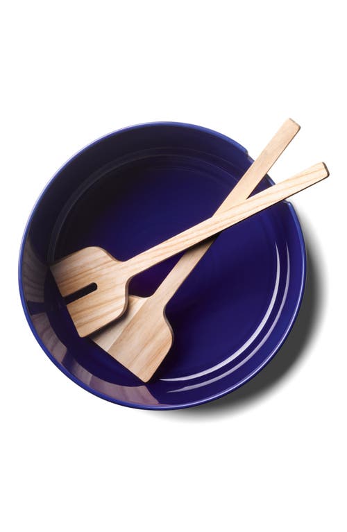 Lsa Collective Salad Glass Bowl With Wooden Servers In Blue