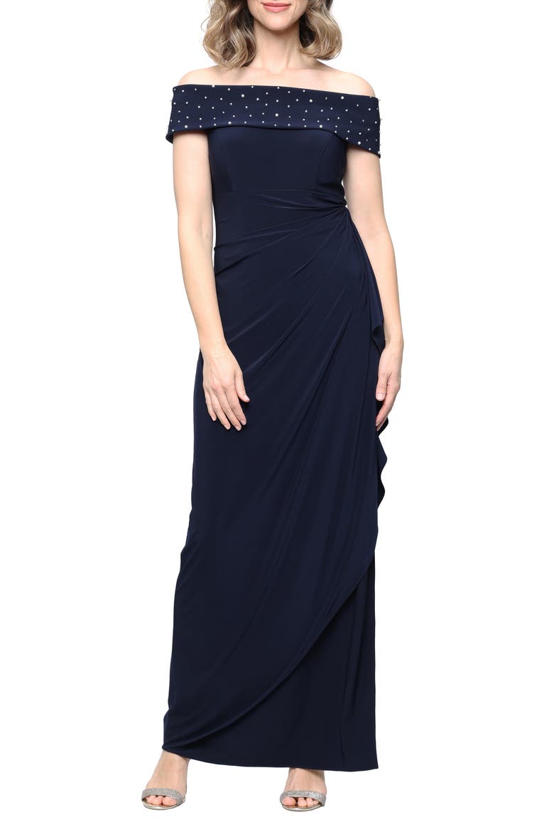 Beaded Off the Shoulder Jersey Gown, Main, color, NAVY