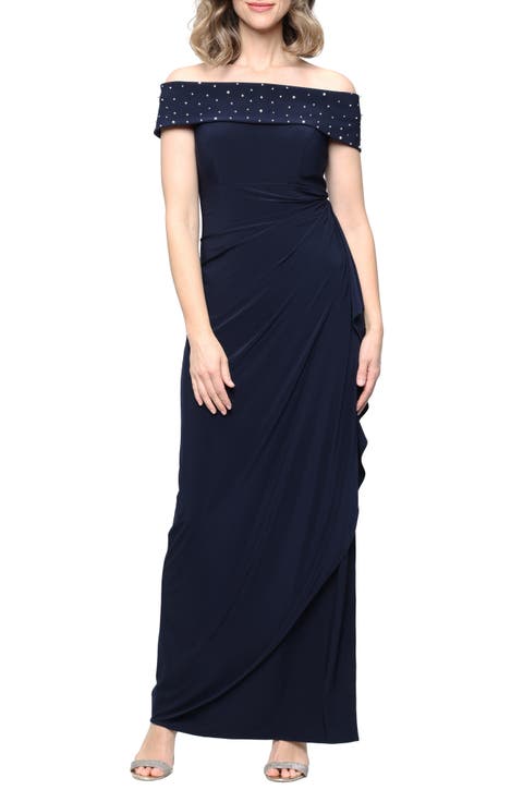 Beaded Off the Shoulder Jersey Gown