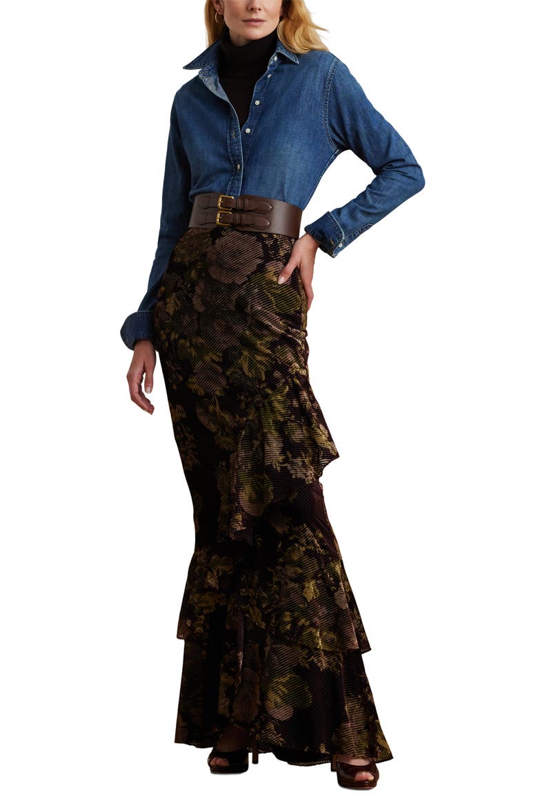 Floral Burnout Velvet Tiered Maxi Skirt, Alternate, color, BURGUNDY MULTI