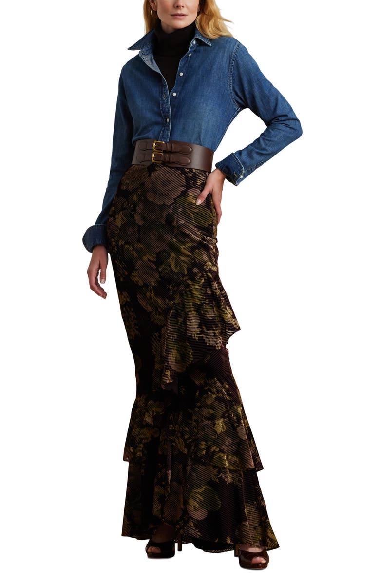 Lauren Ralph Lauren Floral Burnout Velvet Tiered Maxi Skirt, Alternate, color, Burgundy Multi