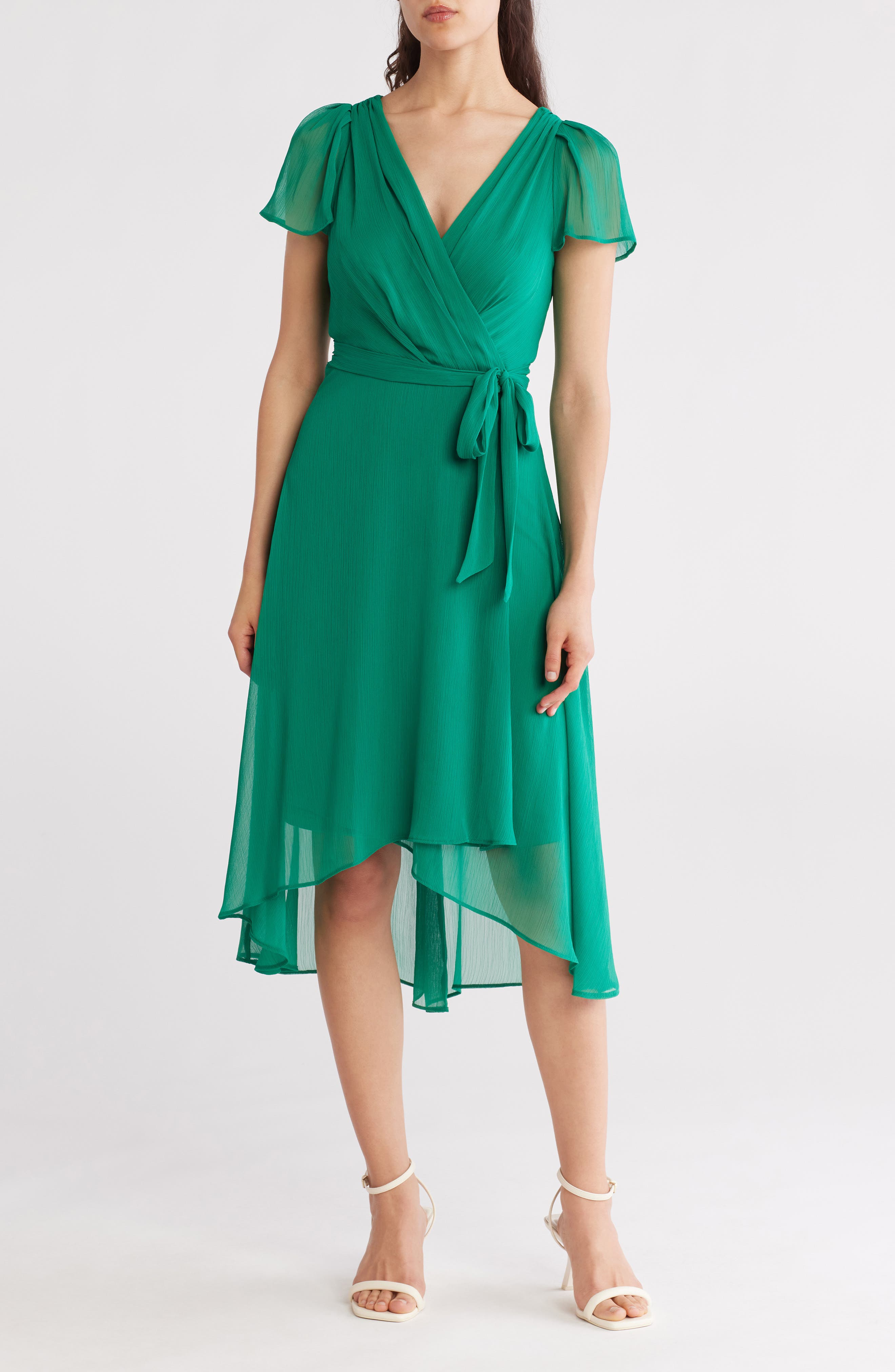 DKNY Flutter Sleeve Faux Wrap Midi Dress