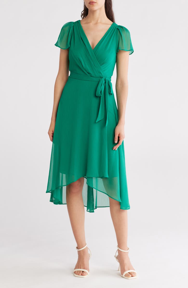 DKNY Flutter Sleeve Faux Wrap Midi Dress, Main, color, Meadow