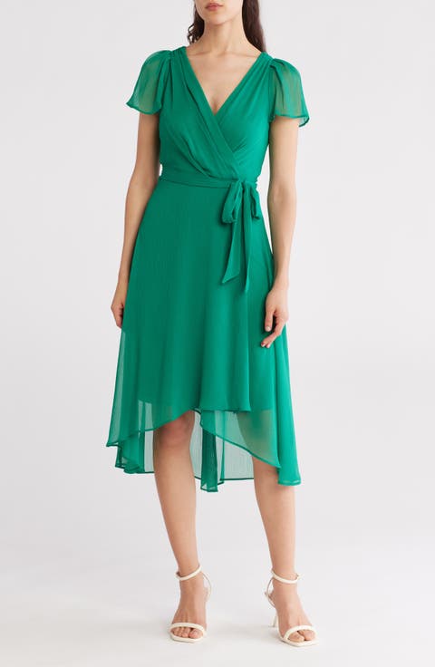 Flutter Sleeve Faux Wrap Midi Dress