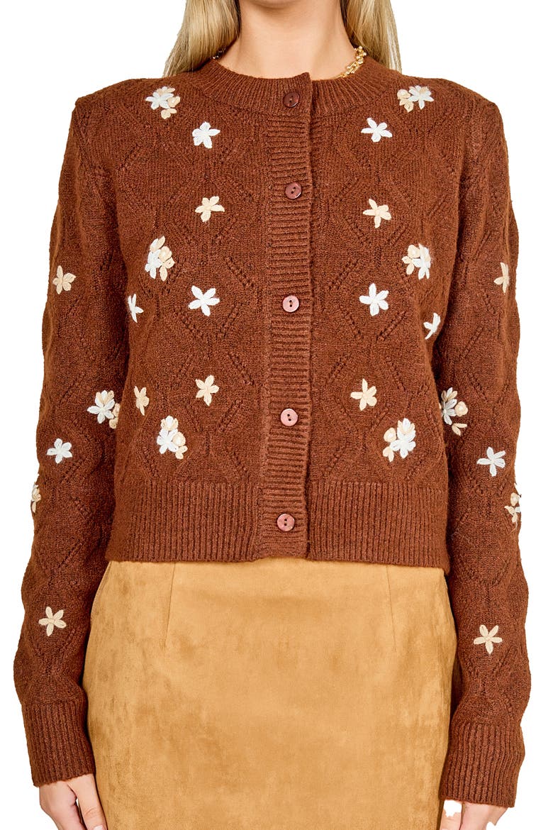 Floral Embroidered Pointelle Cardigan, Alternate, color, BROWN