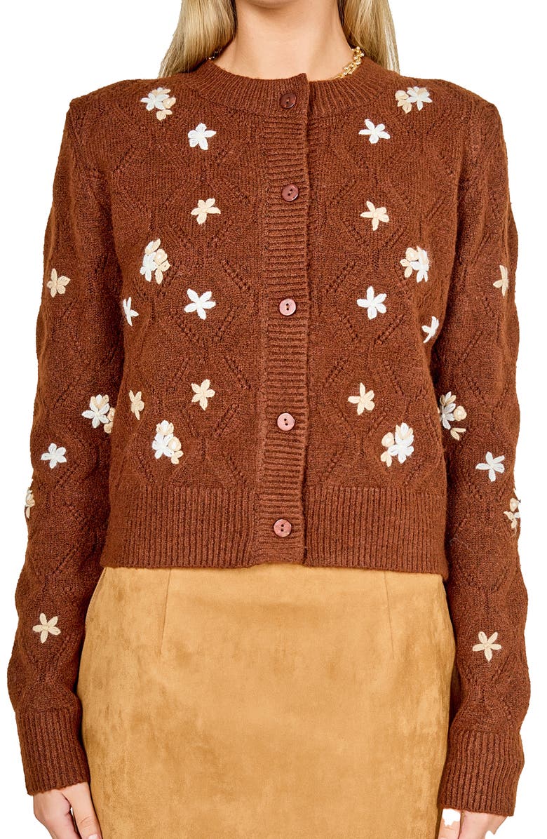 Endless Rose Floral Embroidered Pointelle Cardigan, Alternate, color, Brown