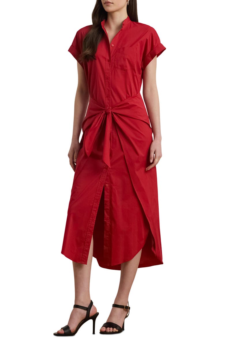 Lauren Ralph Lauren Tie Front Cotton Blend Shirtdress, Main, color, Madison Red