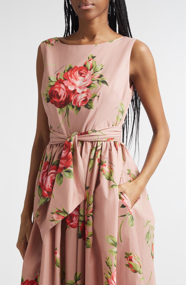 Dolce&Gabbana Rose Bouquet Print Gathered Cotton Poplin Dress, Alternate, color, Bouquet Rose F.rosa