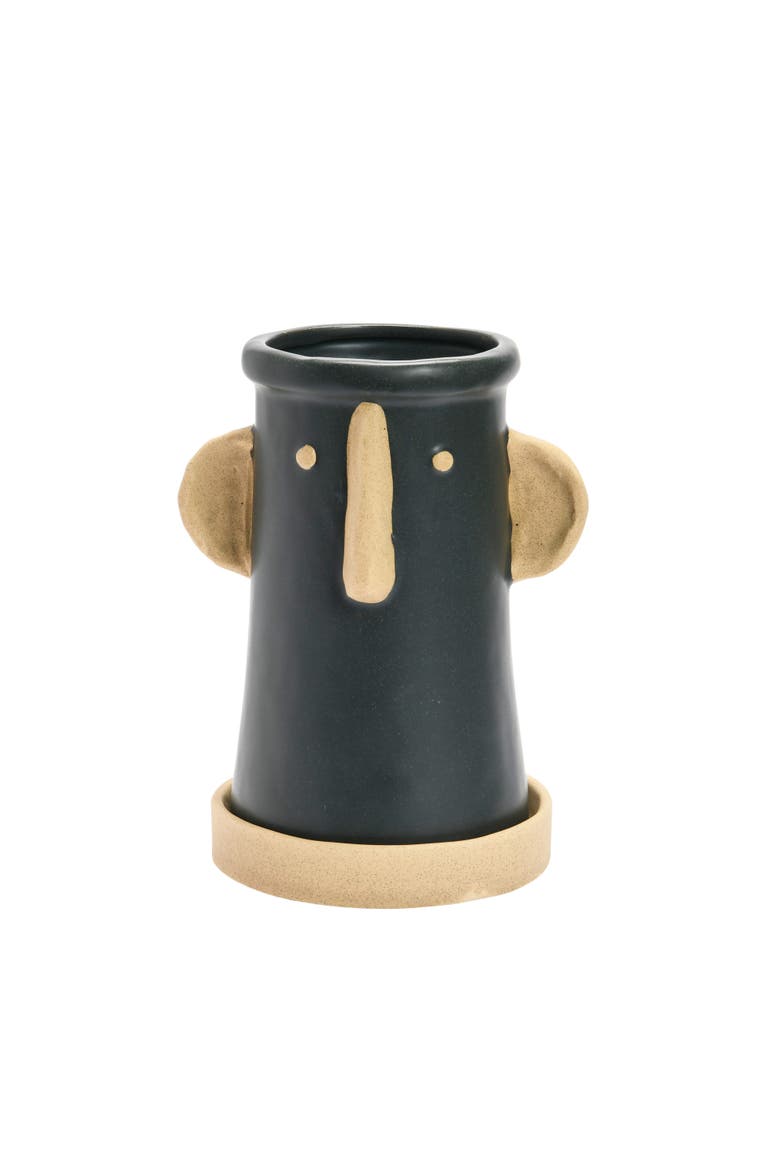 Stoneware Face Planter with Saucer, Matte Black and Cream, Main, color, Black