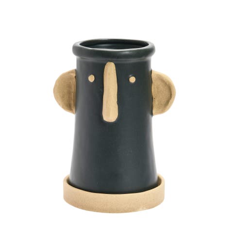 Stoneware Face Planter with Saucer, Matte Black and Cream