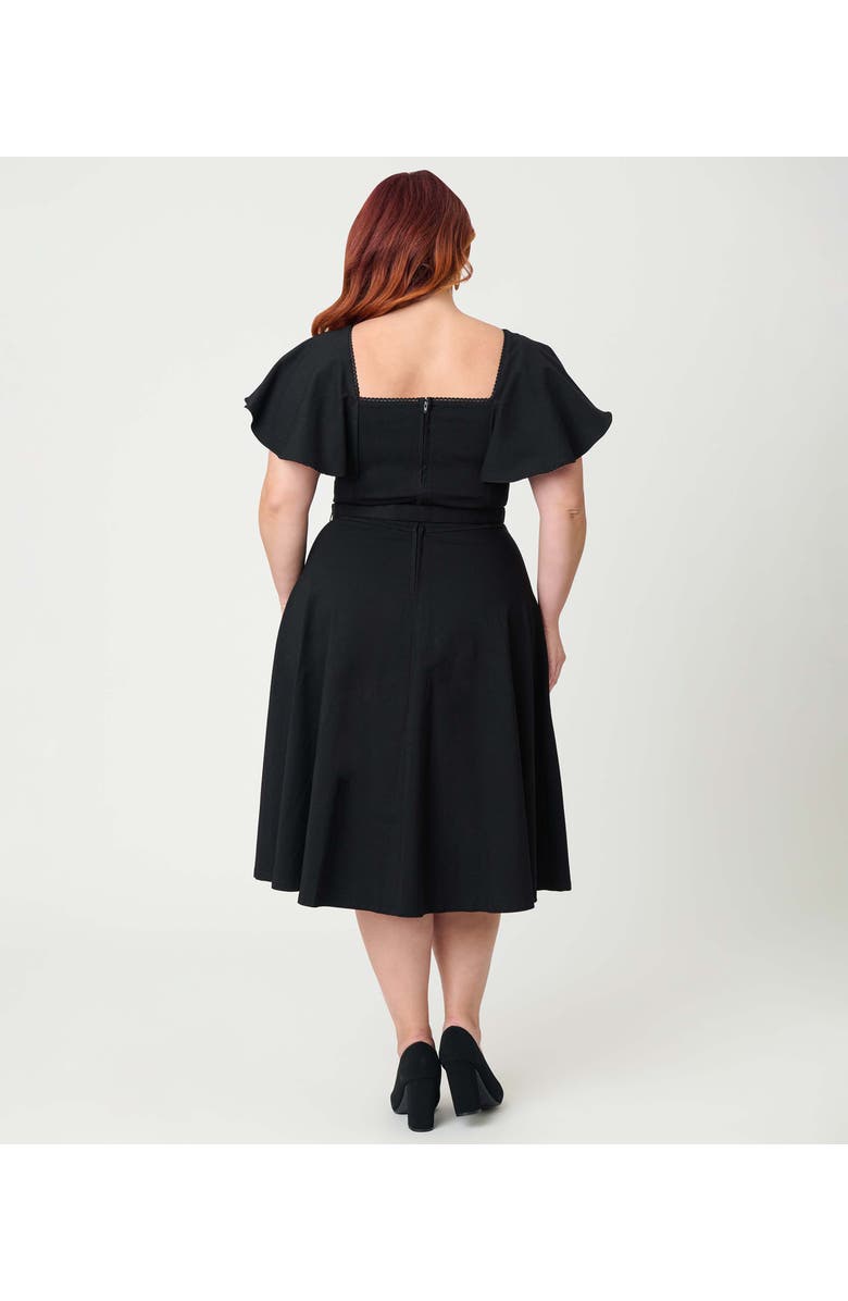 Unique Vintage Plus Size Flutter Sleeve Belted Swing Dress, Alternate, color, Solid Black