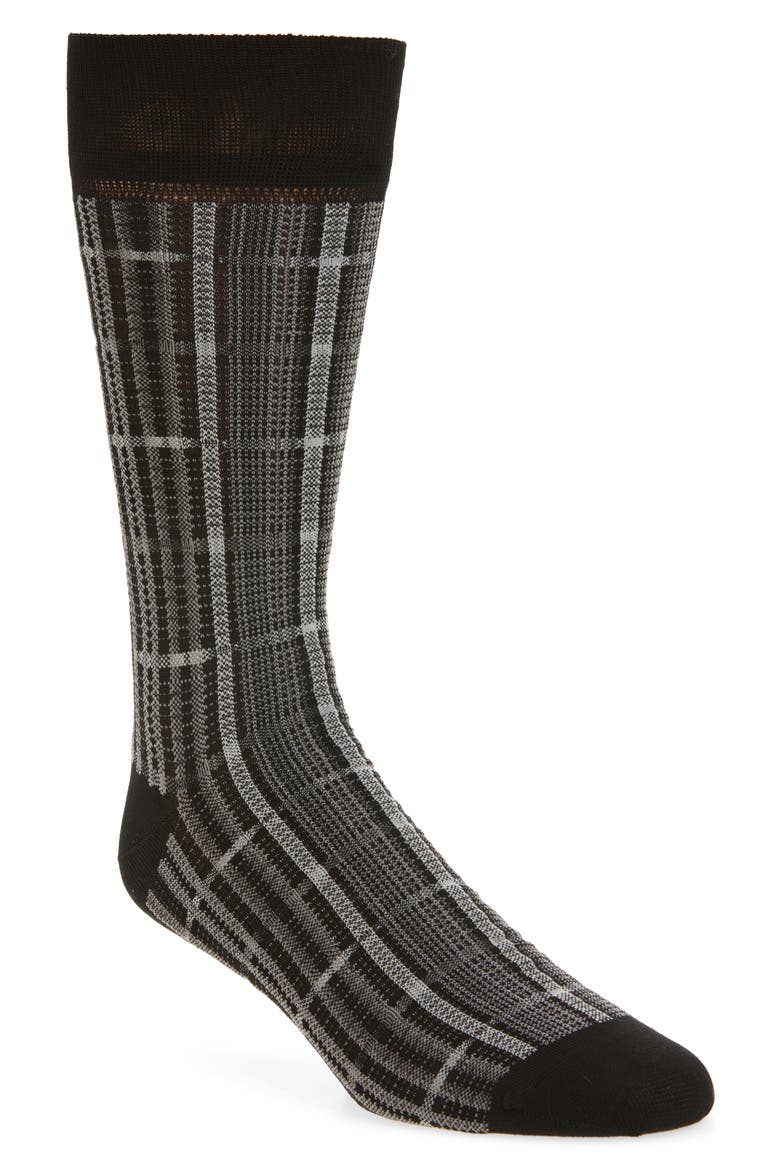Plaid Jacquard Cotton Blend Socks, Main, color, BLACK