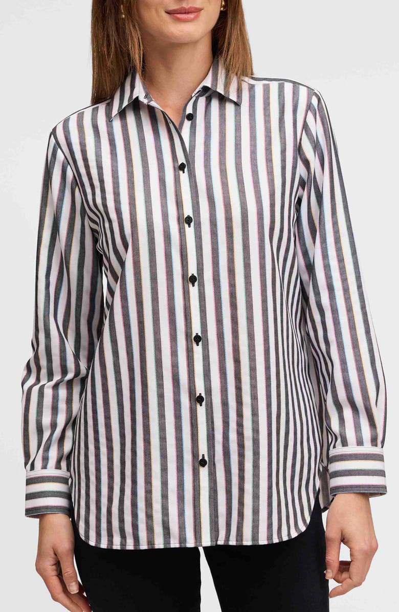 Foxcroft Rainbow Stripe Relaxed Fit Cotton Blend Button-Up Shirt, Main, color, Black Multi Stripe