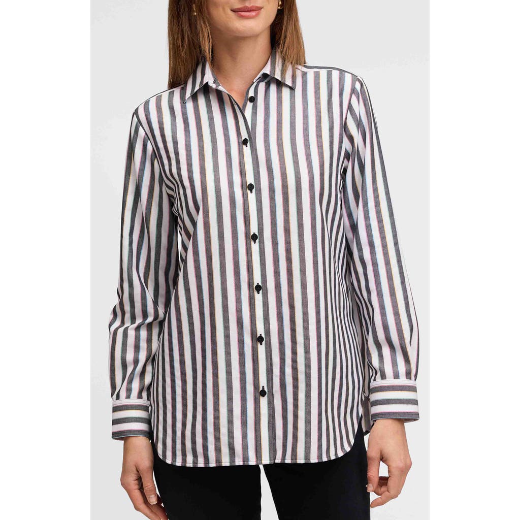 Foxcroft Rainbow Stripe Relaxed Fit Cotton Blend Button-Up Shirt in Black Multi Stripe