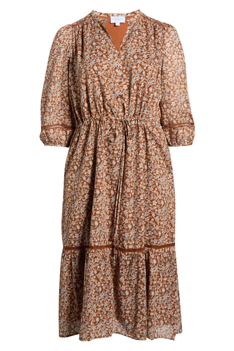Ramsey Ditsy Harmy Drawstring Waist Midi Dress, Alternate, color, BROWN-MULT