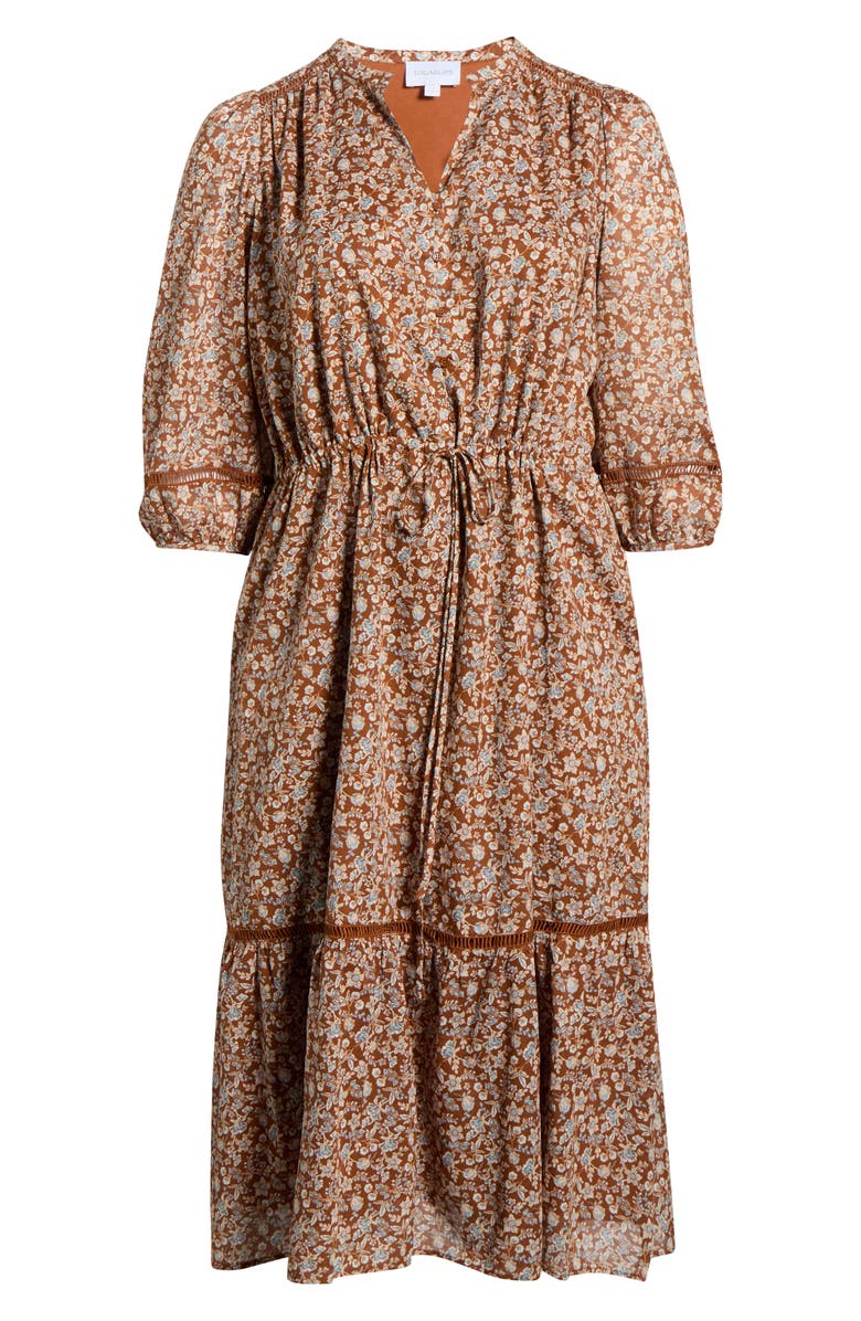 SUGARLIPS Ramsey Ditsy Harmy Drawstring Waist Midi Dress, Alternate, color, Brown-Mult
