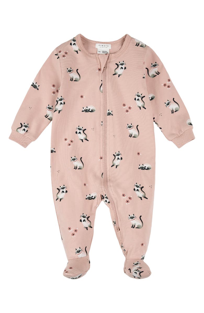 FIRSTS by Petit Lem Cat Print Footed One-Piece Pajamas, Main, color, 