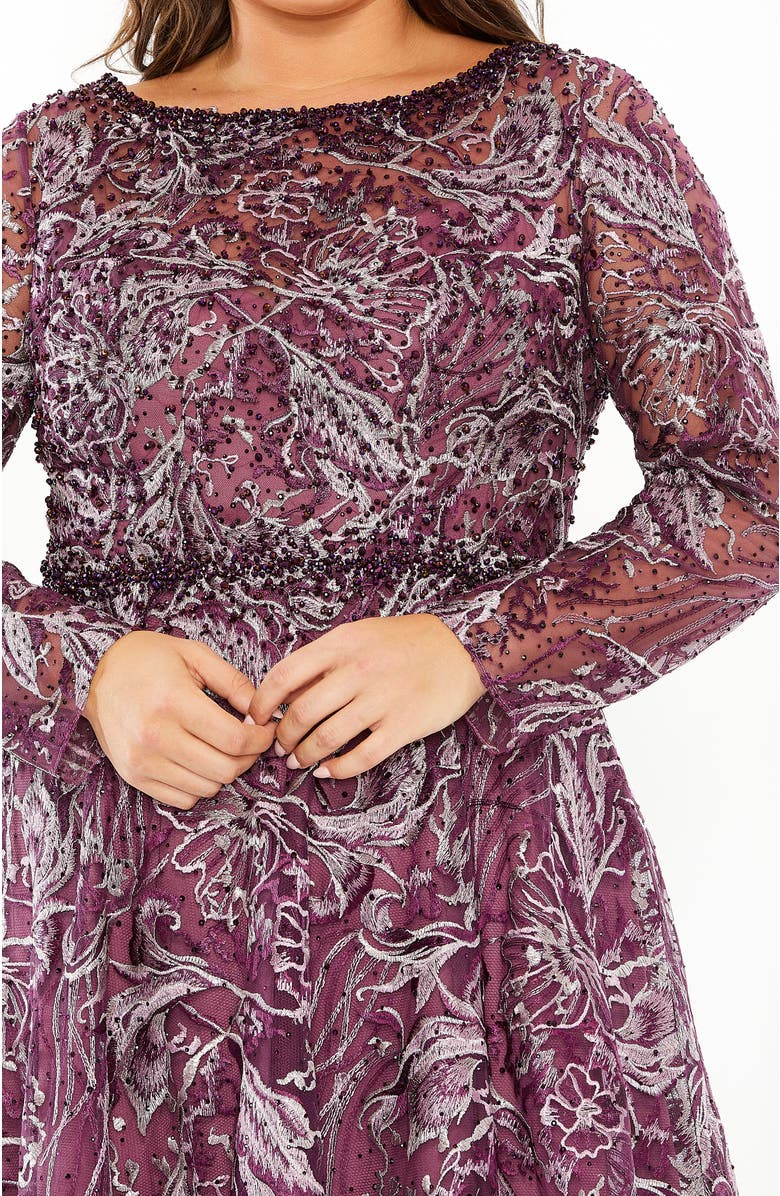 Mac Duggal Long Sleeve High Neck Embroidered Gown, Alternate, color, Plum